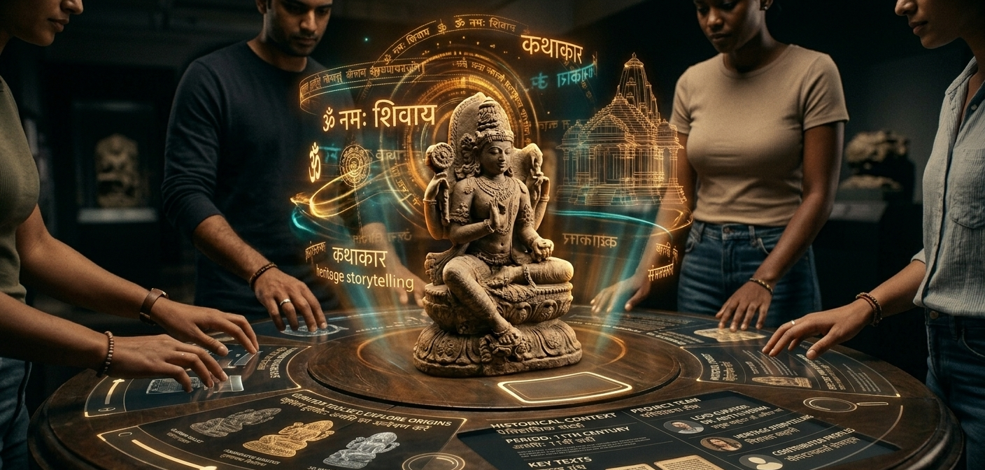Visitor in a museum space with statues and exhibits