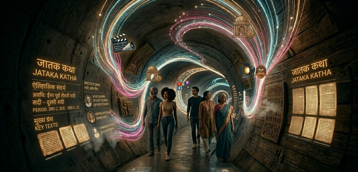 Immersive digital exhibition space with dramatic light